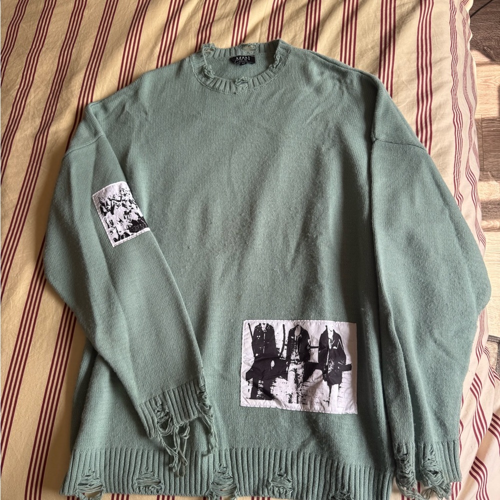 Boohooman Distressed Pullover Sweater with Graphic Patches